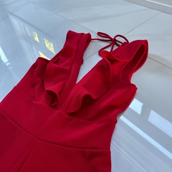 Crave Fame | Red Jumpsuit | Medium | Ruffle Plunge Neckline | Wide Leg - Picture 3 of 16